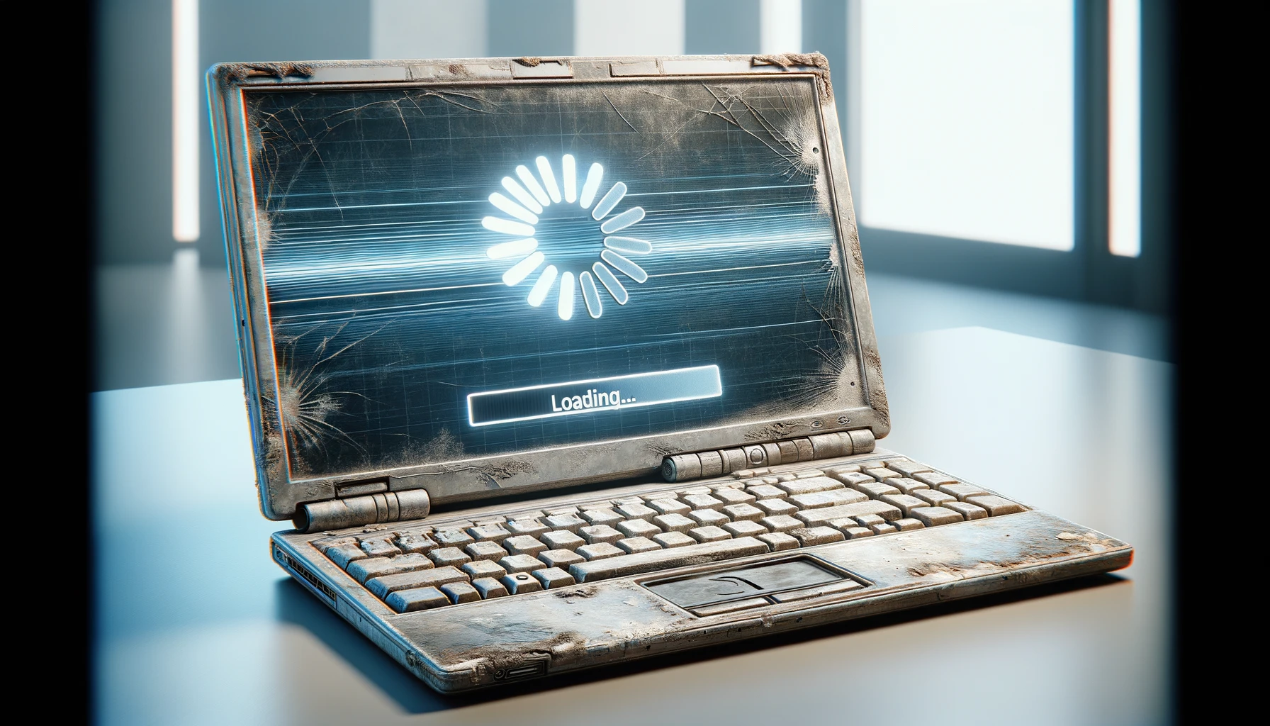 An old, worn-out laptop with visible signs of wear and tear such as scratches and a faded keyboard, set against a clean, modern background to contrast the need for an upgrade.